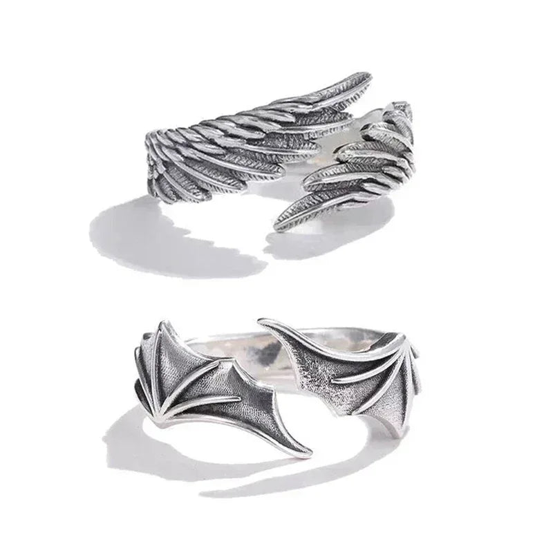 Lot 2 Bagues Vintage Hip-Hop Ailes Ange Chauve-Souris Ajustables Couples - AgorAstrA