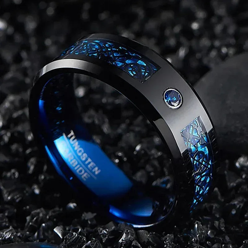 Bague Homme Tungstène Fibre Carbone Bleue Dragon Noir 8mm Zircon - AgorAstrA