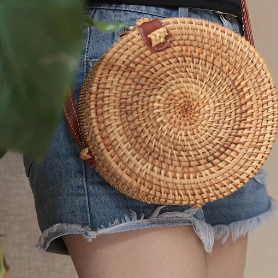 Petit sac rond en paille, sac à main simple et décontracté pour femme, sac à main en paille polyvalent - AgorAstrA