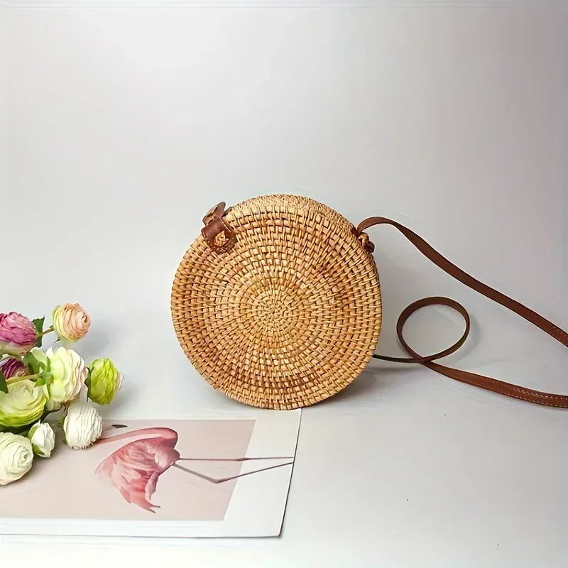 Petit sac rond en paille, sac à main simple et décontracté pour femme, sac à main en paille polyvalent - AgorAstrA