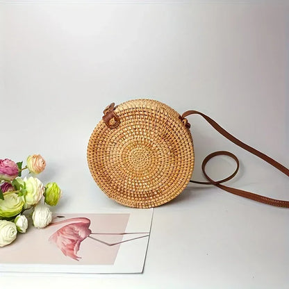 Petit sac rond en paille, sac à main simple et décontracté pour femme, sac à main en paille polyvalent - AgorAstrA