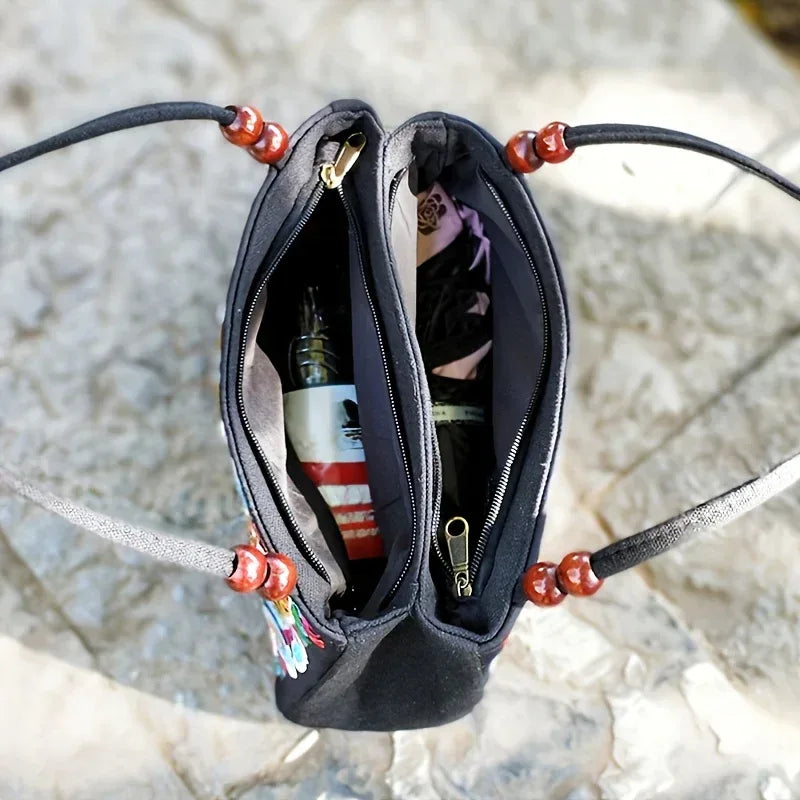 Sac à main brodé, sac à double fermeture éclair, sac à main imprimé pour femme - AgorAstrA