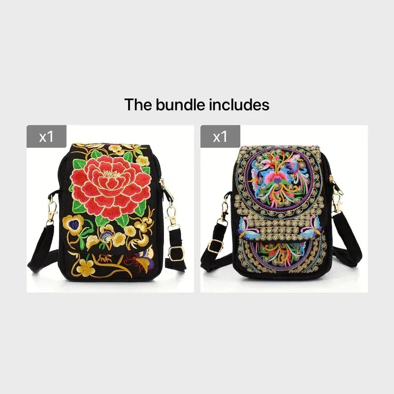 Sac bandoulière brodé pour femme, mini sac à bandoulière, portefeuille portable double compartiment, pochette pour téléphone - AgorAstrA