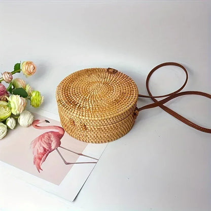 Petit sac rond en paille, sac à main simple et décontracté pour femme, sac à main en paille polyvalent - AgorAstrA