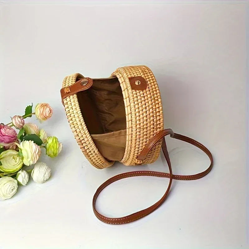Petit sac rond en paille, sac à main simple et décontracté pour femme, sac à main en paille polyvalent - AgorAstrA