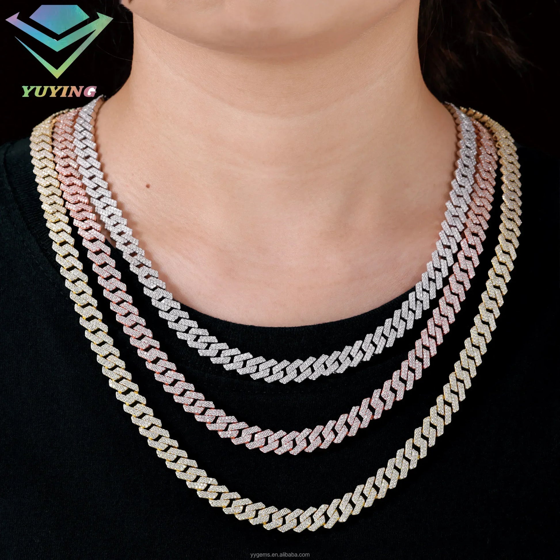 Yu Ying Gems - Colliers à maillons cubains en argent massif 925 sertis de diamants et de moissanites, disponibles en largeurs de 8 mm, 10 mm et 12 mm, pour bijoux hip-hop - AgorAstrA