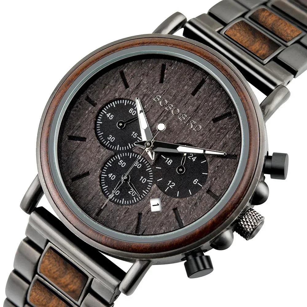 Montre Homme BOBO BIRD Bois Chronographe - Style Militaire Coffret Cadeau - AgorAstrA