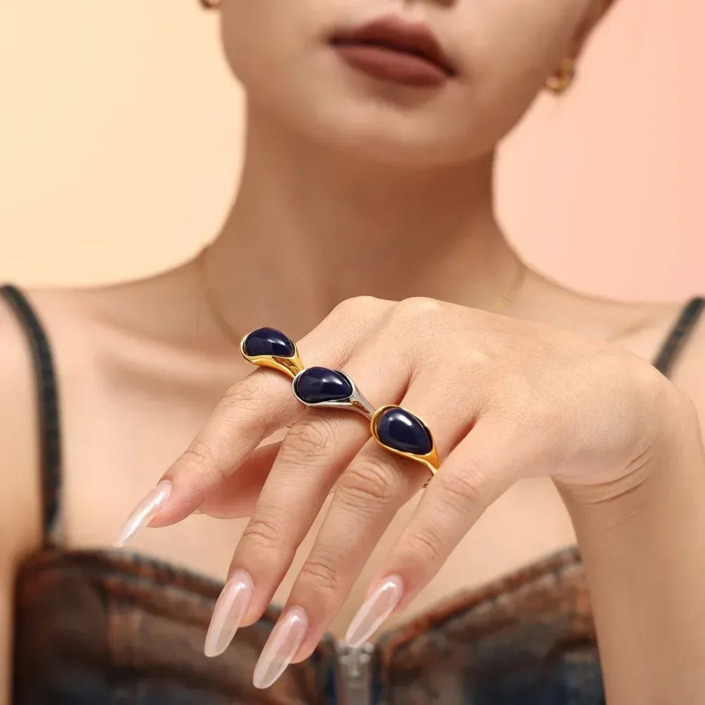 Bague Goutte d'Eau Lapis Or Bleu - Résine Pin - Ajustable Tendance - AgorAstrA