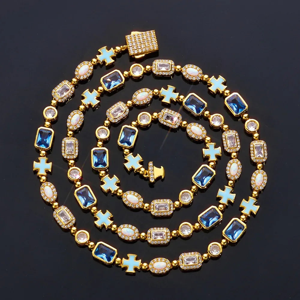 Collier Homme Luxe Hip-Hop Croix - Pendentif Opale Gemme 6mm Plaqué Or - AgorAstrA