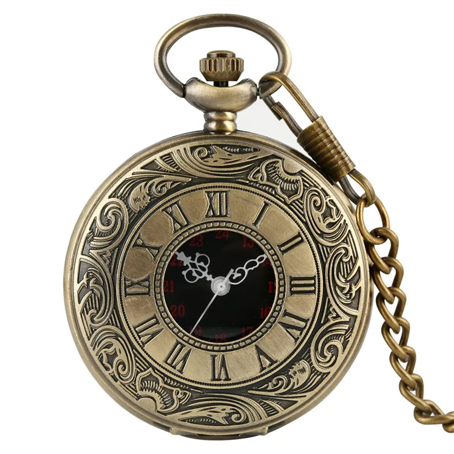 Montre de poche unisexe vintage noire à chiffres romains, style steampunk, avec pendentif et chaîne - Cadeau P427 - AgorAstrA