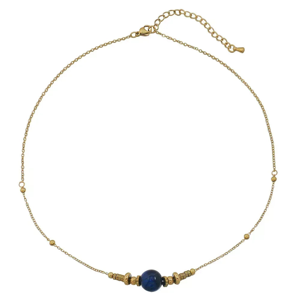 Collier Perles Agate Lapis Lazuli - Acier Plaqué Or 18k - Artisanal Femme - AgorAstrA