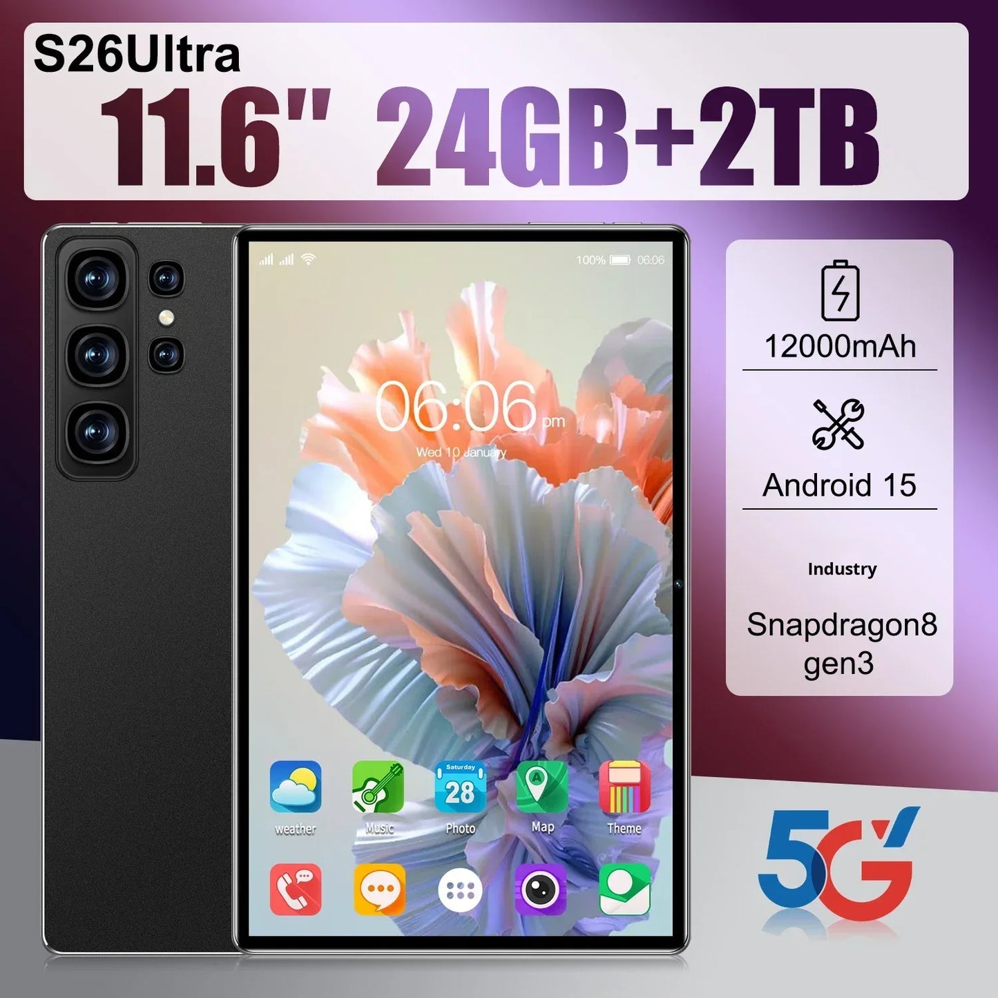 Tablette Android 15 S26Ultra 11 Pouces 24Go RAM 2To - Double SIM 4G/5G - AgorAstrA