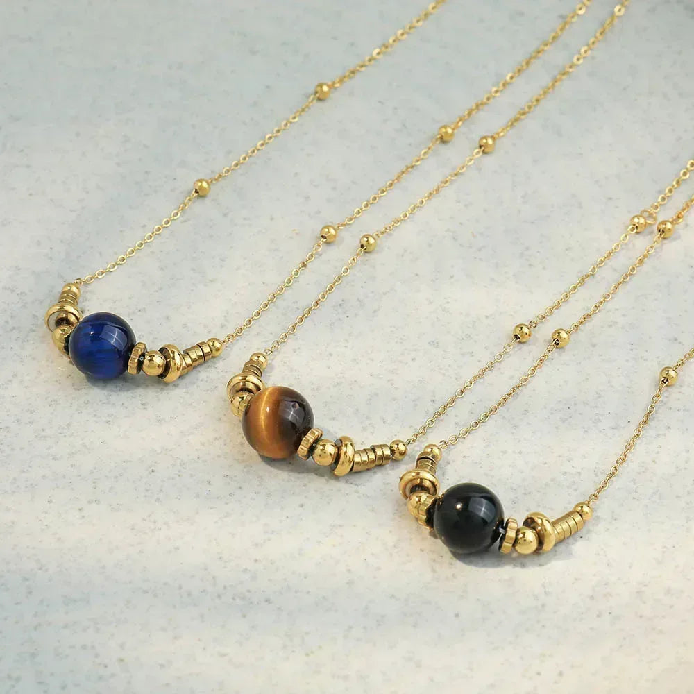 Collier Perles Agate Lapis Lazuli - Acier Plaqué Or 18k - Artisanal Femme - AgorAstrA