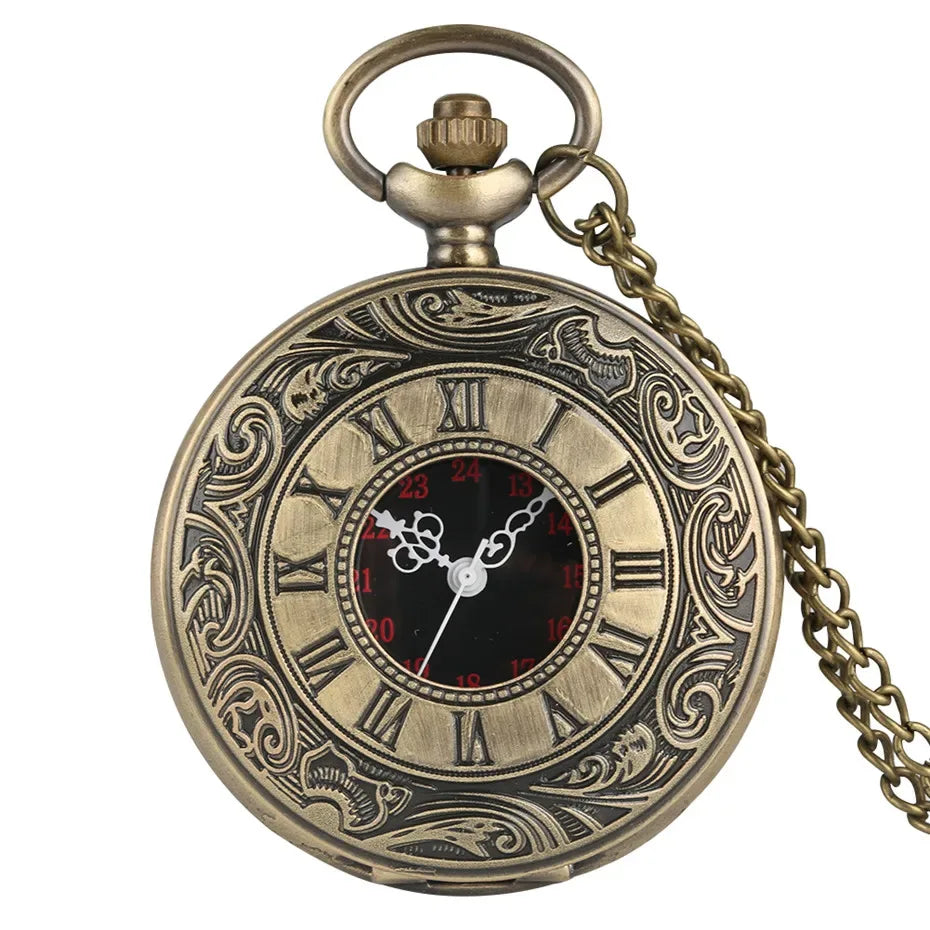 Montre de poche unisexe vintage noire à chiffres romains, style steampunk, avec pendentif et chaîne - Cadeau P427 - AgorAstrA