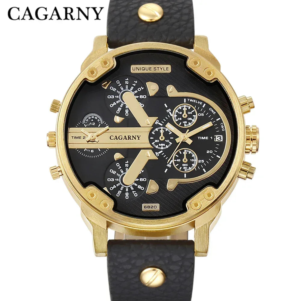 Montres pour hommes Cagarny, montres-bracelets à quartz tendance pour hommes, grande montre élégante avec bracelet en cuir, affichage 2 temps, style militaire, Relogio Masculino D6820 - AgorAstrA