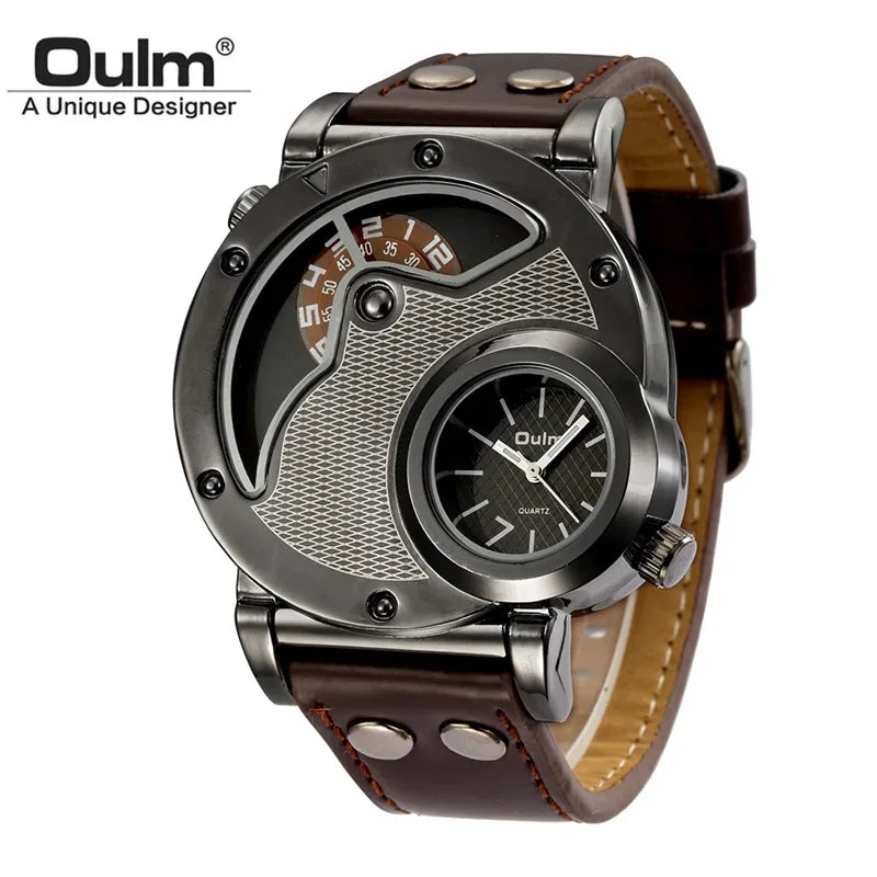 Montres de luxe Oulm pour homme, marque de créateur, double fuseau horaire, montre à quartz, montre décontractée en cuir, montre de sport pour homme, relogio masculino - AgorAstrA