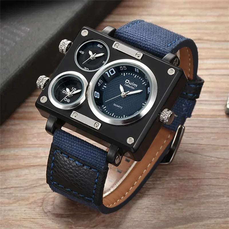 Montre Oulm de luxe pour homme, bracelet en tissu, montre à quartz, plusieurs fuseaux horaires, montre carrée sport, relogio masculino - AgorAstrA