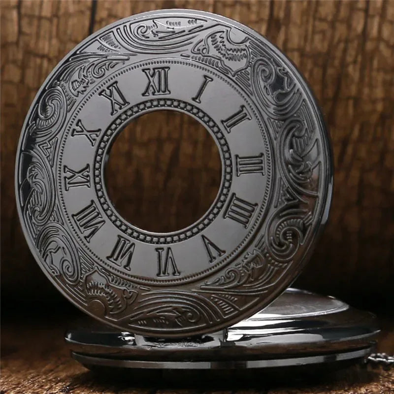 Montre de poche unisexe vintage noire à chiffres romains, style steampunk, avec pendentif et chaîne - Cadeau P427 - AgorAstrA
