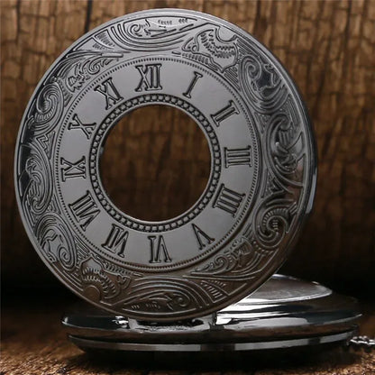 Montre de poche unisexe vintage noire à chiffres romains, style steampunk, avec pendentif et chaîne - Cadeau P427 - AgorAstrA