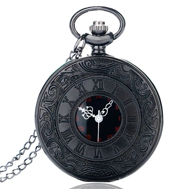 Montre de poche unisexe vintage noire à chiffres romains, style steampunk, avec pendentif et chaîne - Cadeau P427 - AgorAstrA