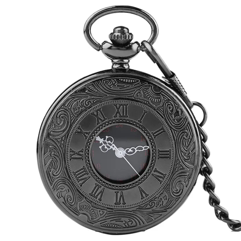 Montre de poche unisexe vintage noire à chiffres romains, style steampunk, avec pendentif et chaîne - Cadeau P427 - AgorAstrA
