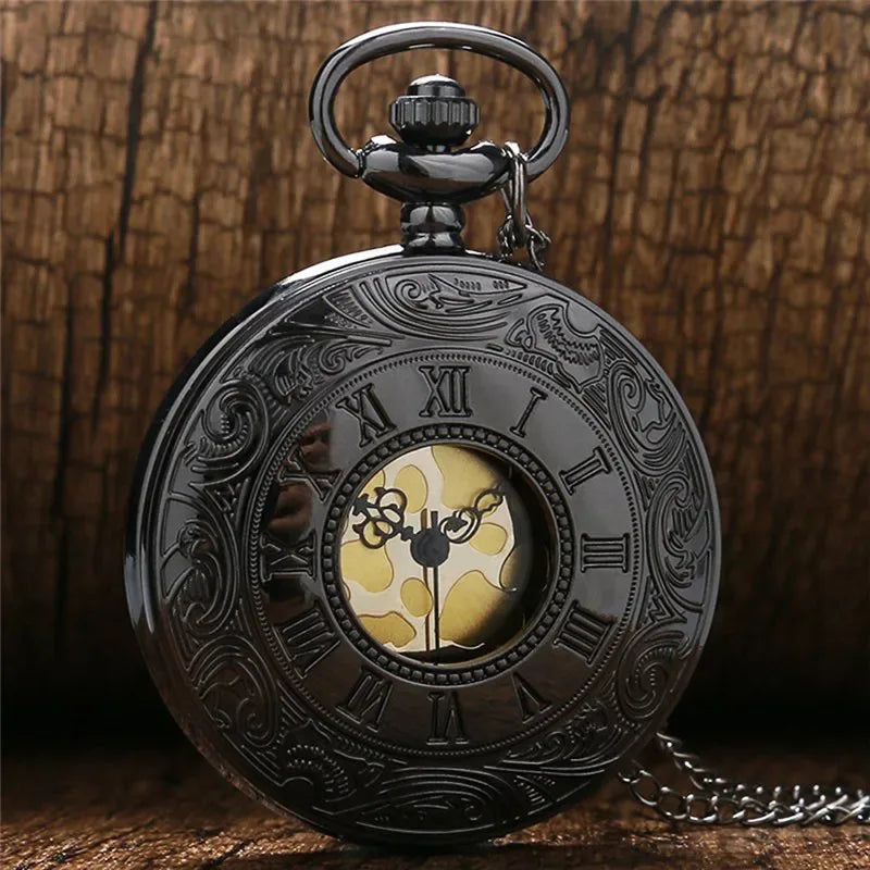 Montre de poche unisexe vintage noire à chiffres romains, style steampunk, avec pendentif et chaîne - Cadeau P427 - AgorAstrA