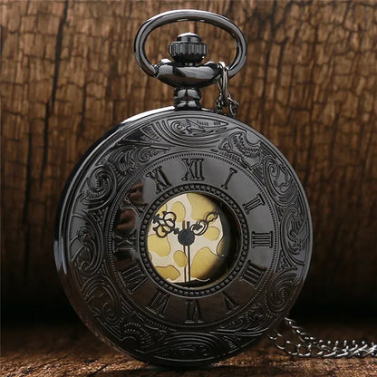 Montre de poche unisexe vintage noire à chiffres romains, style steampunk, avec pendentif et chaîne - Cadeau P427 - AgorAstrA