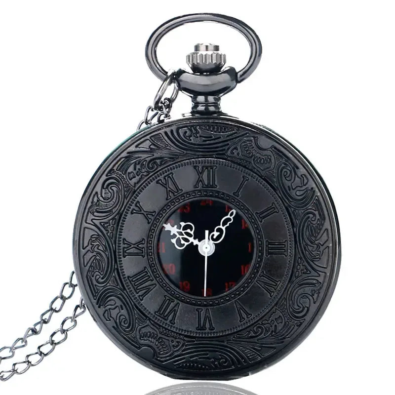 Montre de poche unisexe vintage noire à chiffres romains, style steampunk, avec pendentif et chaîne - Cadeau P427 - AgorAstrA