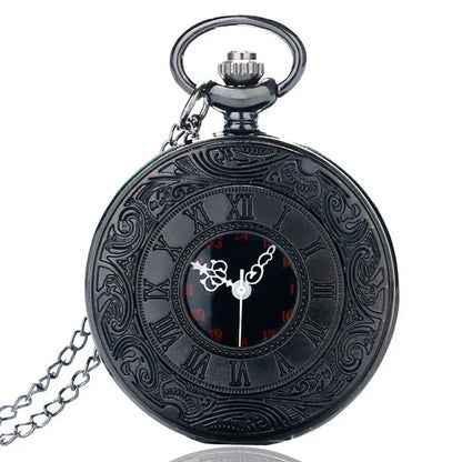 Montre de poche unisexe vintage noire à chiffres romains, style steampunk, avec pendentif et chaîne - Cadeau P427 - AgorAstrA
