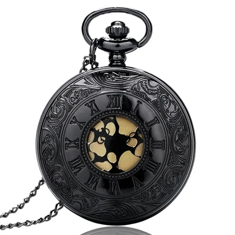 Montre de poche unisexe vintage noire à chiffres romains, style steampunk, avec pendentif et chaîne - Cadeau P427 - AgorAstrA