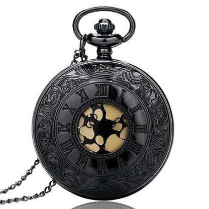 Montre de poche unisexe vintage noire à chiffres romains, style steampunk, avec pendentif et chaîne - Cadeau P427 - AgorAstrA