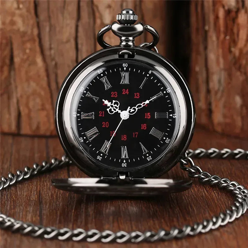 Montre de poche unisexe vintage noire à chiffres romains, style steampunk, avec pendentif et chaîne - Cadeau P427 - AgorAstrA