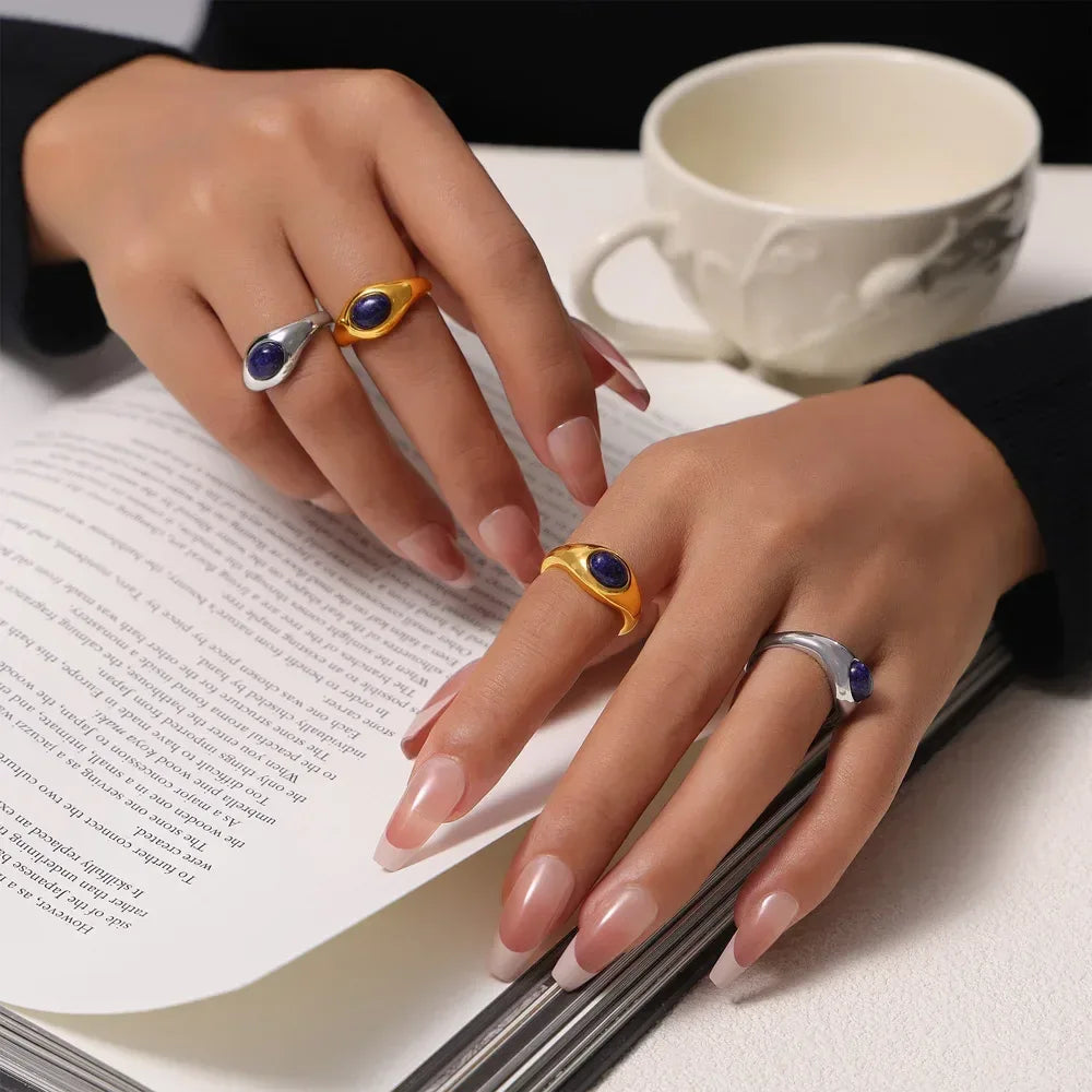 Bague Index Minimaliste Lapis Lazuli - Acier Titane Plaqué Or - Design Mode - AgorAstrA