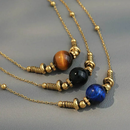 Collier Perles Agate Lapis Lazuli - Acier Plaqué Or 18k - Artisanal Femme - AgorAstrA