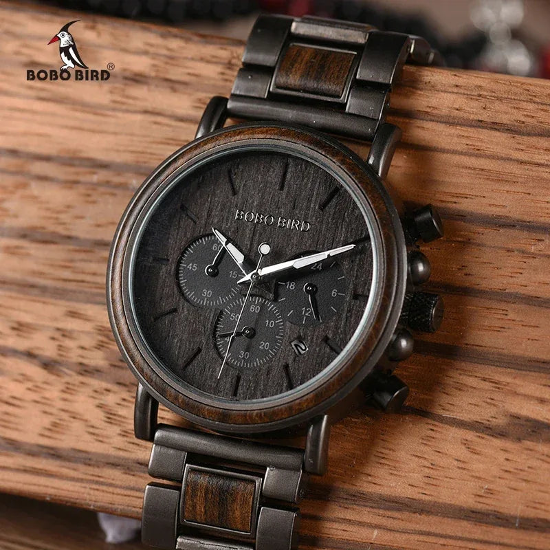 Montre Homme BOBO BIRD Bois Chronographe - Style Militaire Coffret Cadeau - AgorAstrA