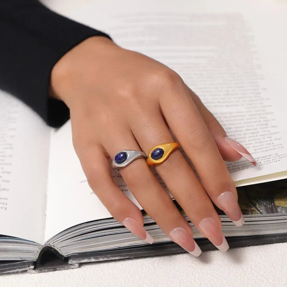 Bague Index Minimaliste Lapis Lazuli - Acier Titane Plaqué Or - Design Mode - AgorAstrA