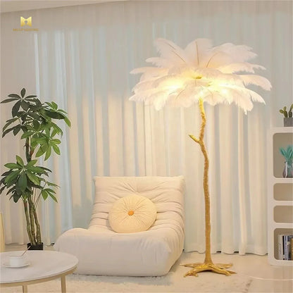 Lampadaire Nordique Branches Arbre LED Plumes Autruche Salon Déco - AgorAstrA