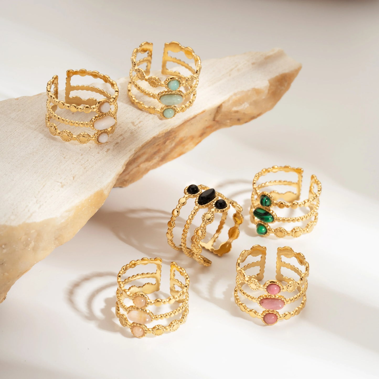 Bague émeraude en acier inoxydable pour femme, pierre naturelle, tendance atmosphérique rétro, ouverture réglable, matiques Boho - AgorAstrA