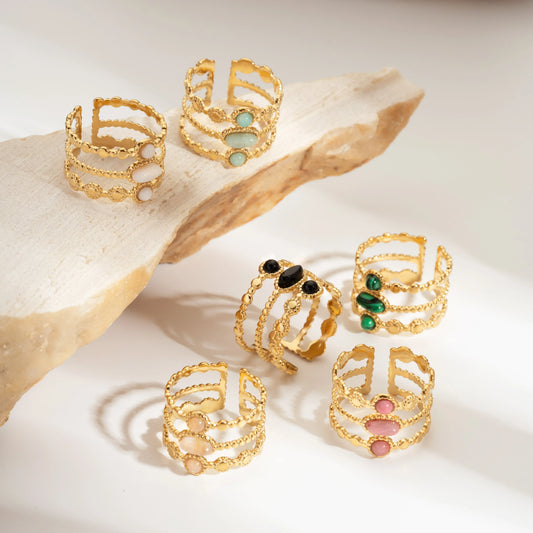 Bague émeraude en acier inoxydable pour femme, pierre naturelle, tendance atmosphérique rétro, ouverture réglable, matiques Boho - AgorAstrA