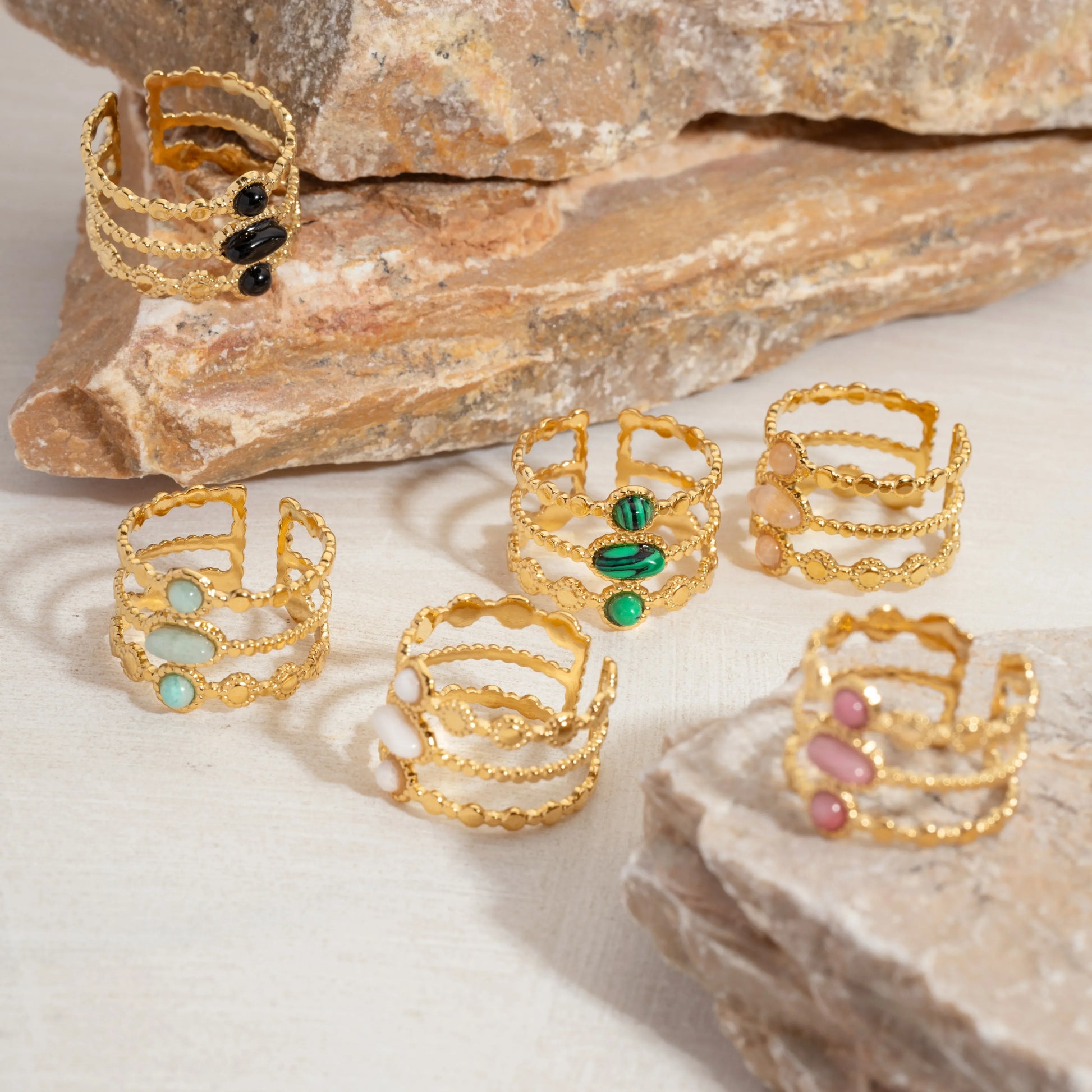 Bague émeraude en acier inoxydable pour femme, pierre naturelle, tendance atmosphérique rétro, ouverture réglable, matiques Boho - AgorAstrA