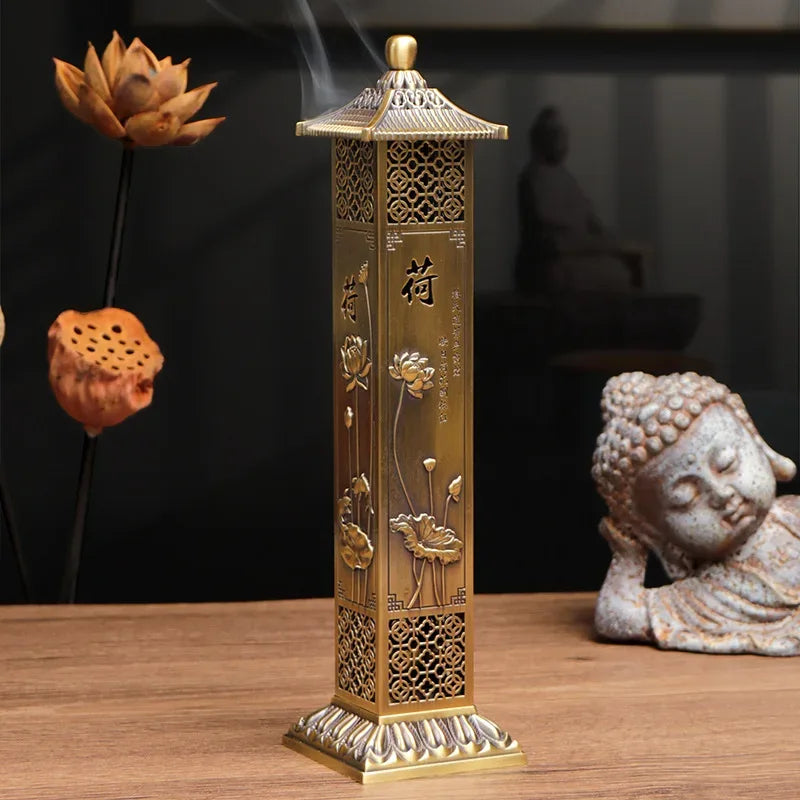 Brûleur d'encens Lotus Zen style chinois, pour la maison, le salon de thé ou le bureau, ornement zen, bois de santal, tube d'encens à 21 lignes - AgorAstrA