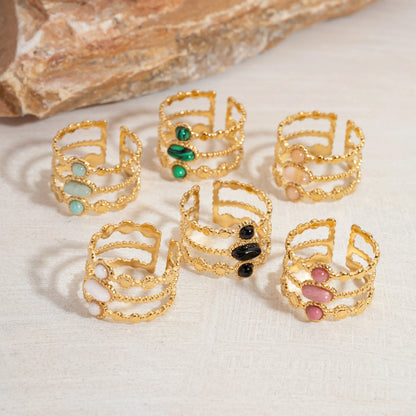 Bague émeraude en acier inoxydable pour femme, pierre naturelle, tendance atmosphérique rétro, ouverture réglable, matiques Boho - AgorAstrA