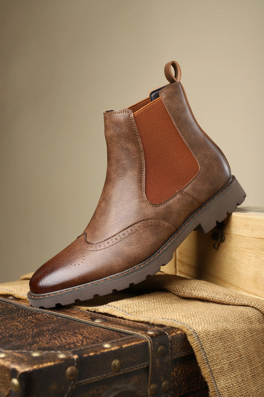 Premium Distressed Leather Chelsea Boots Classic Wingtip Brogue Design for Casual & Smart Wear - AgorAstrA