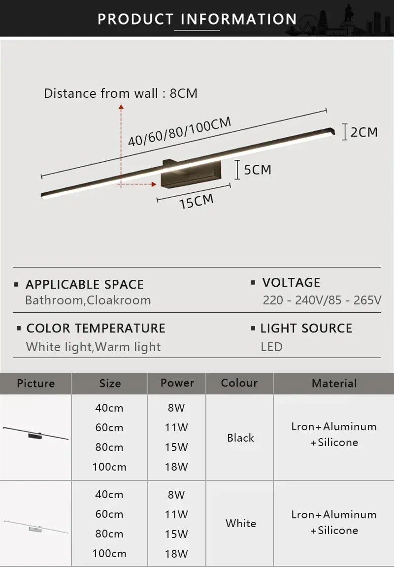 Applique murale LED miroir minimaliste moderne, éclairage d'ambiance pour la maison, lampe frontale en forme de bande d'aluminium, décoration intérieure de salle de bain - AgorAstrA