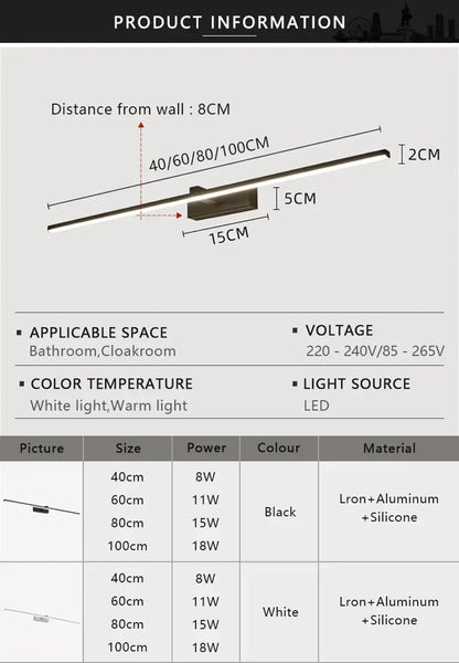 Applique murale LED miroir minimaliste moderne, éclairage d'ambiance pour la maison, lampe frontale en forme de bande d'aluminium, décoration intérieure de salle de bain - AgorAstrA