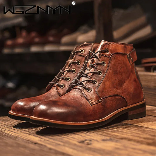 Luxury Retro High Men's Leather Shoes Dress Business Working Brown Male Boots Lace-up Flat Casual Comfortable Mens Shoes Size 48 - AgorAstrA