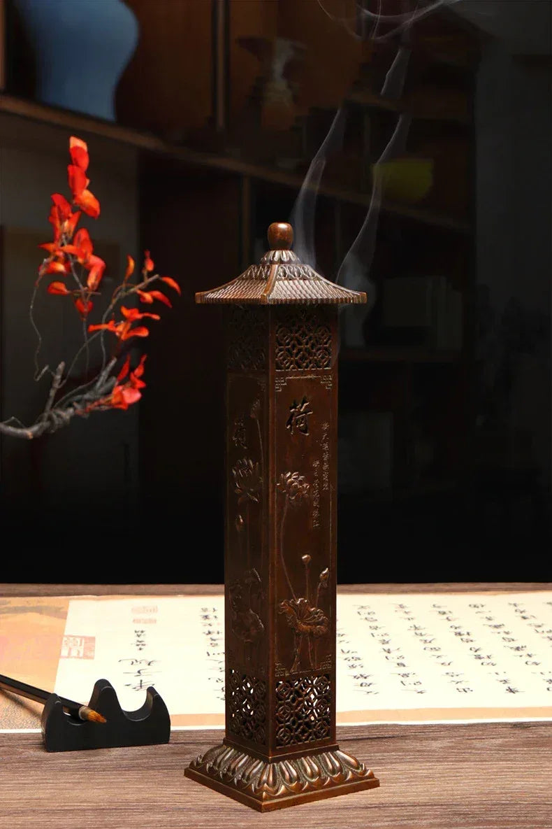 Brûleur d'encens Lotus Zen style chinois, pour la maison, le salon de thé ou le bureau, ornement zen, bois de santal, tube d'encens à 21 lignes - AgorAstrA