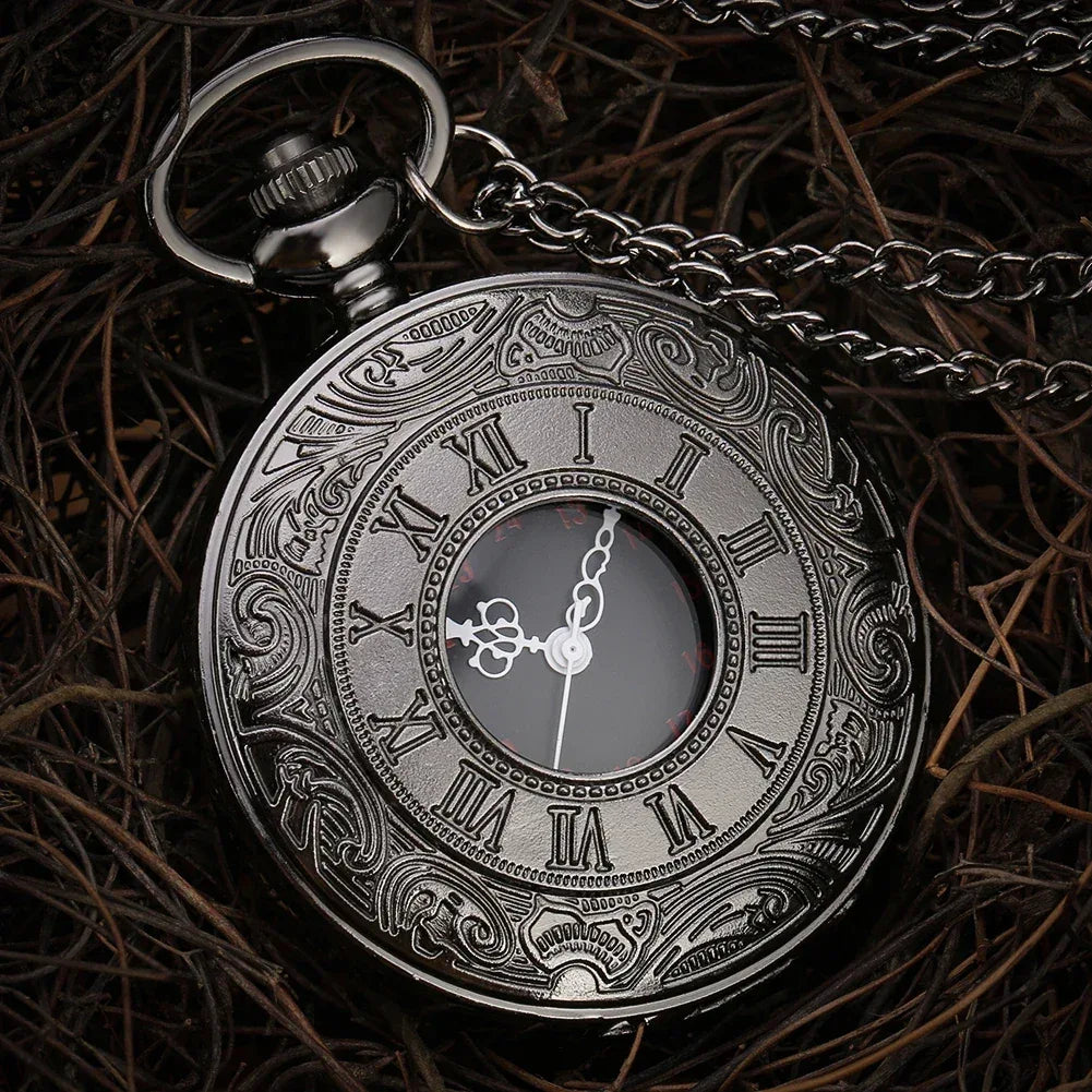 Montre de poche unisexe vintage noire à chiffres romains, style steampunk, avec pendentif et chaîne - Cadeau P427 - AgorAstrA
