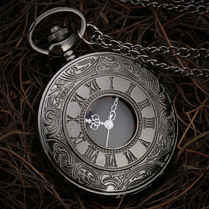 Montre de poche unisexe vintage noire à chiffres romains, style steampunk, avec pendentif et chaîne - Cadeau P427 - AgorAstrA