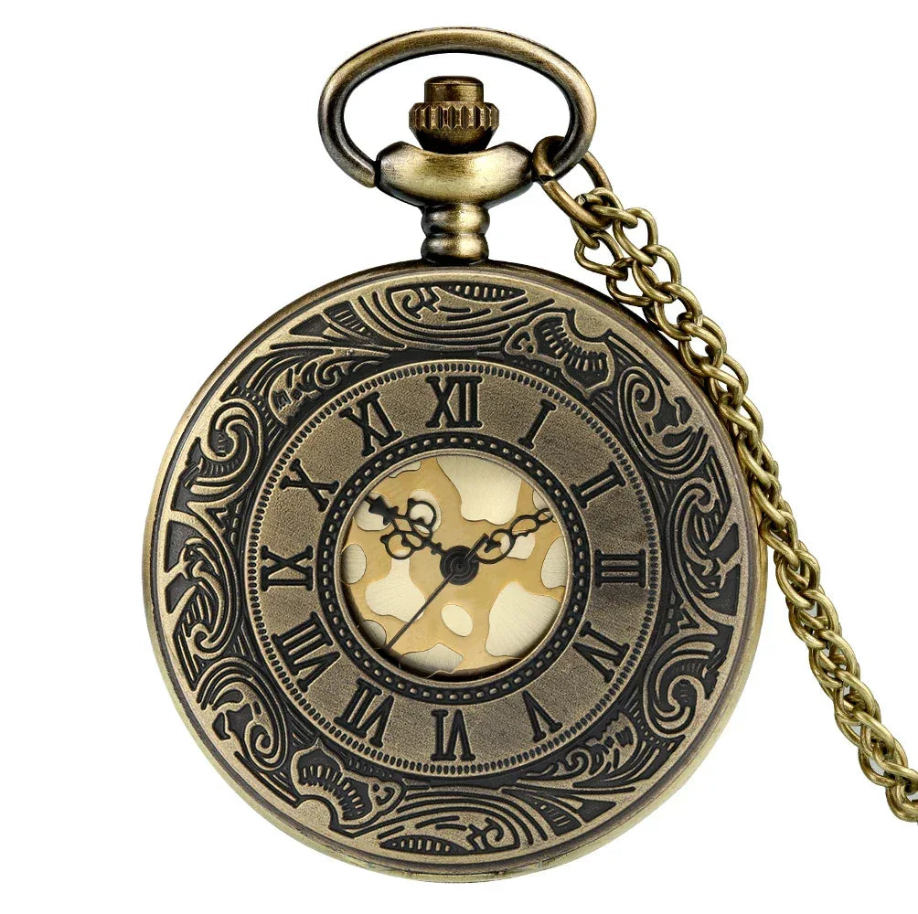Montre de poche unisexe vintage noire à chiffres romains, style steampunk, avec pendentif et chaîne - Cadeau P427 - AgorAstrA